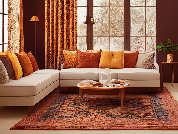 Living room with fall-colored drapery, pillows, and area rug.