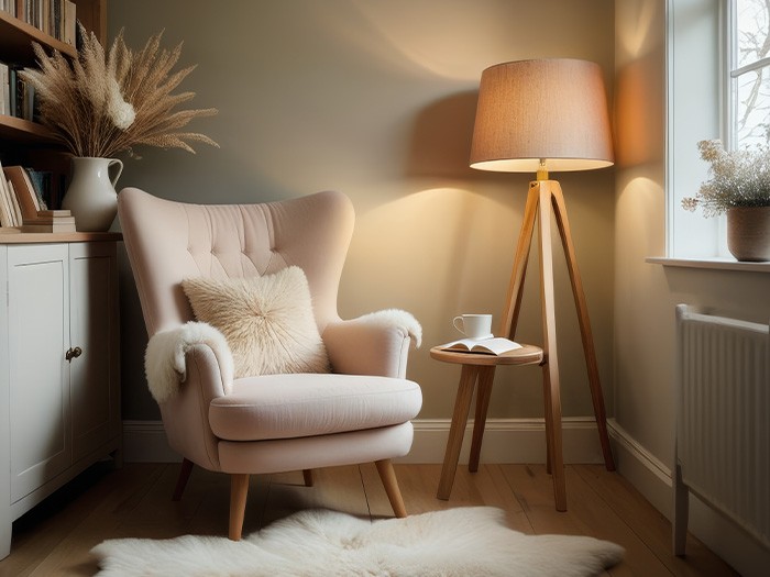 Lounge chair with a side table and corner lamp.